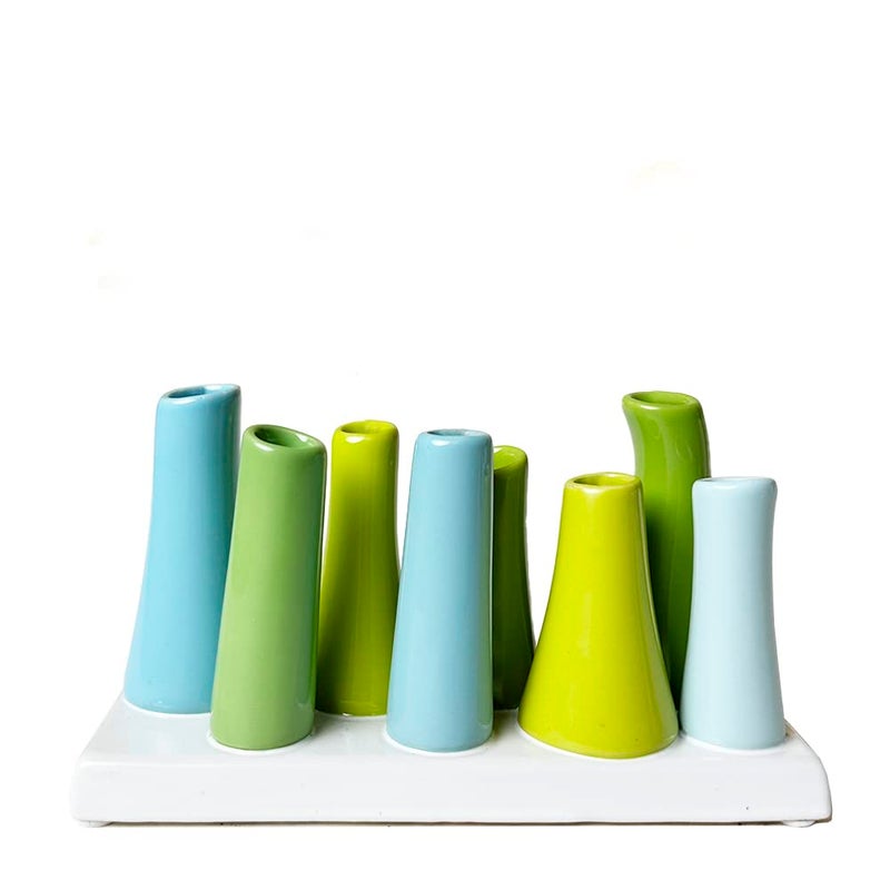 Chive - Pooley 2, Ceramic Flower Vase, 8-Tube Shape (Scout Blue with Blue and Green) - Image 3